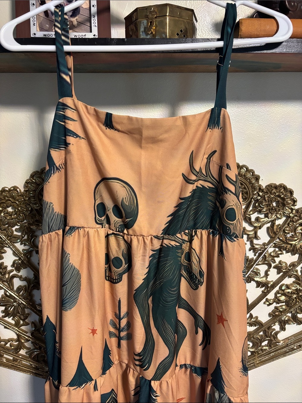 Spooky Print Maxi Sundress in Tan and Dark Teal